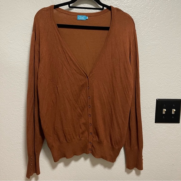 Cielo Light Academia Chocolate Brown Button Up Vneck Cardigan Size 3XL - Picture 1 of 5